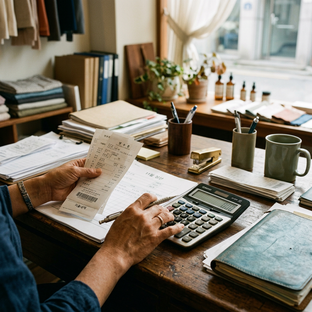Person reviewing a receipt and calculating expenses with a calculator