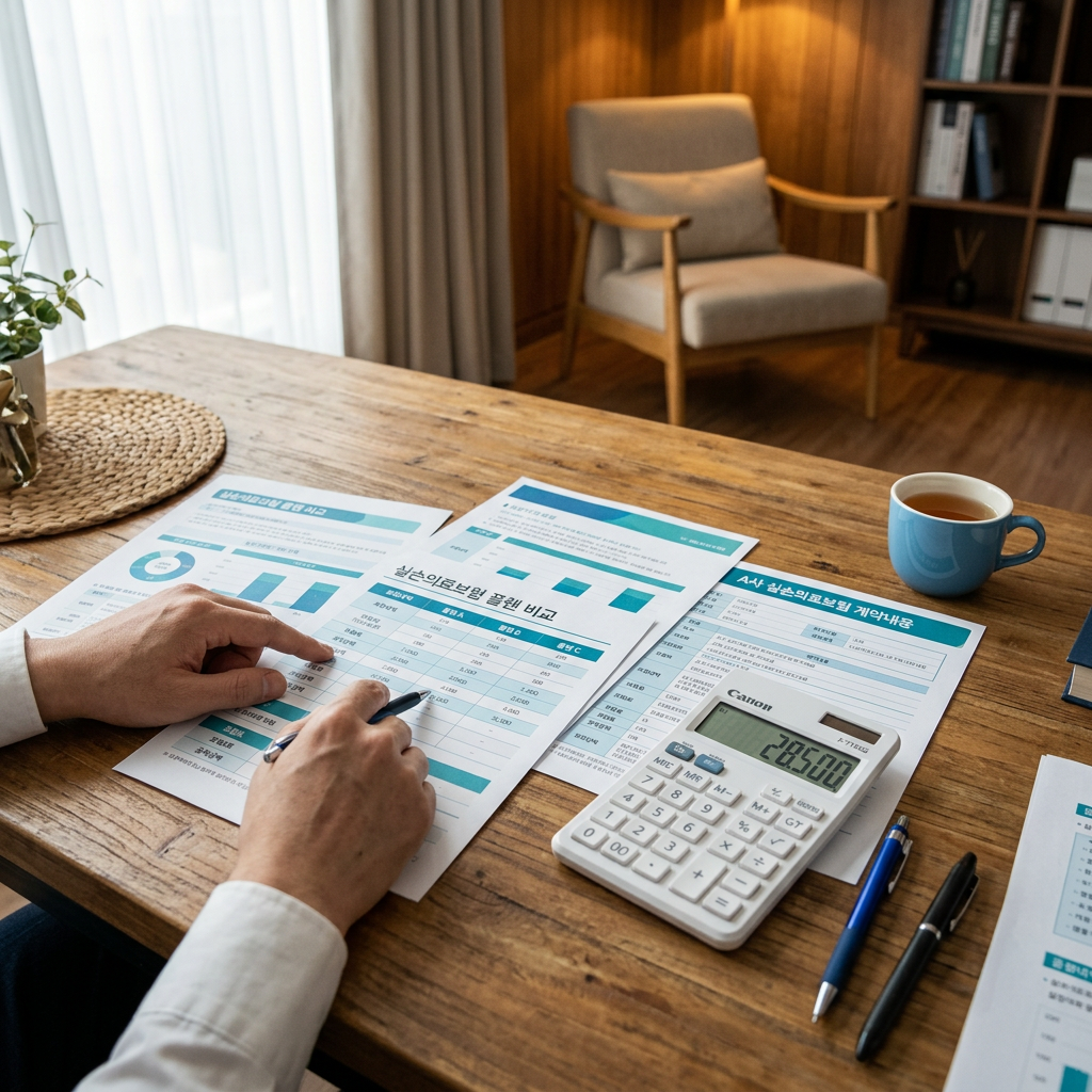 Person reviewing Korean financial reports with a calculator and coffee