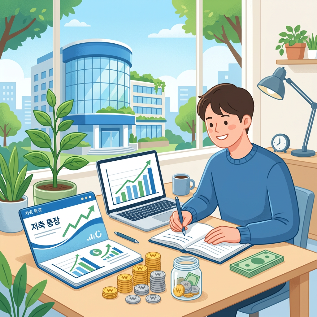 Man writing beside savings charts, coins, cash, and laptop; Korean text reads "저축 통장".