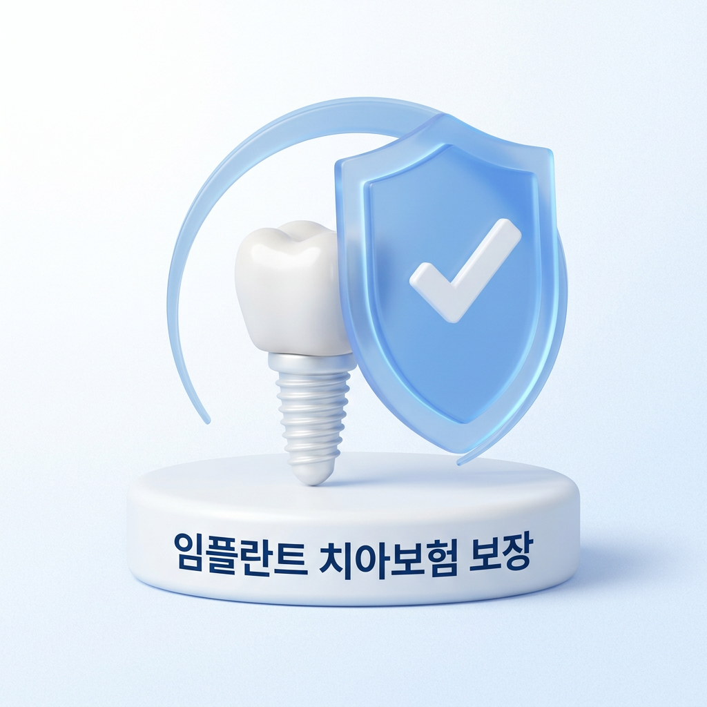 Dental implant beside blue shield with check mark and Korean text 임플란트 치아보험 보장