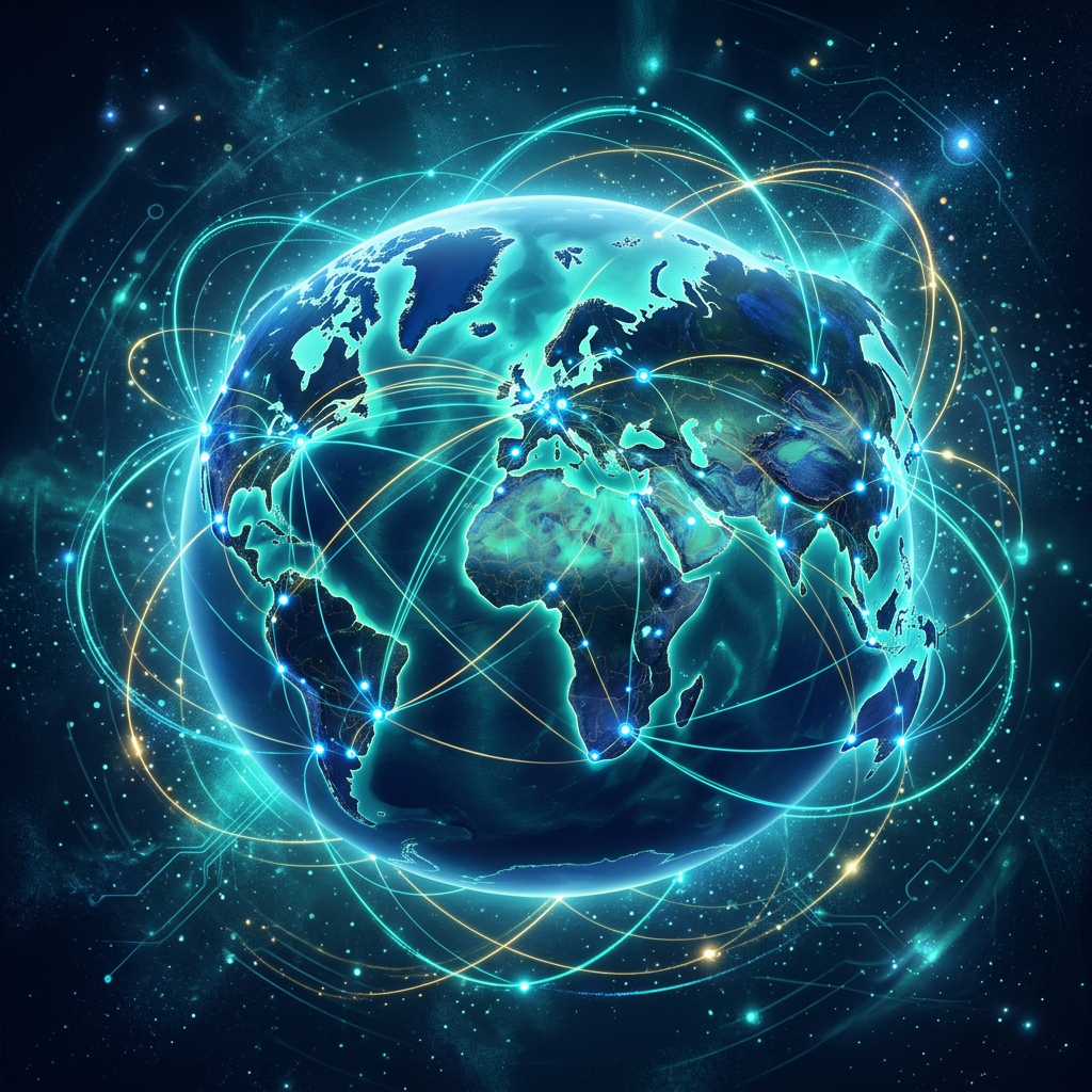 Glowing network lines connect cities and continents across Earth