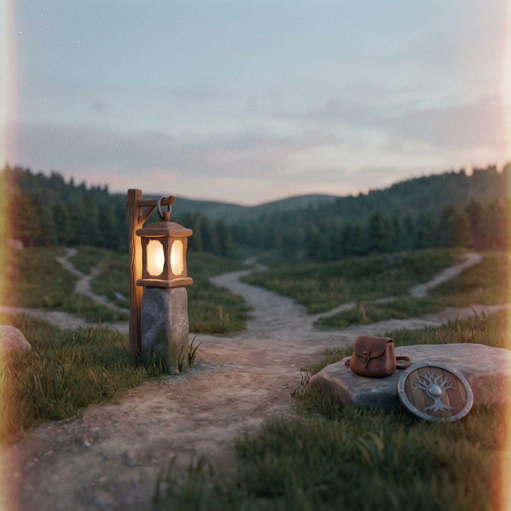 Glowing lantern beside a winding forest trail, satchel, and compass