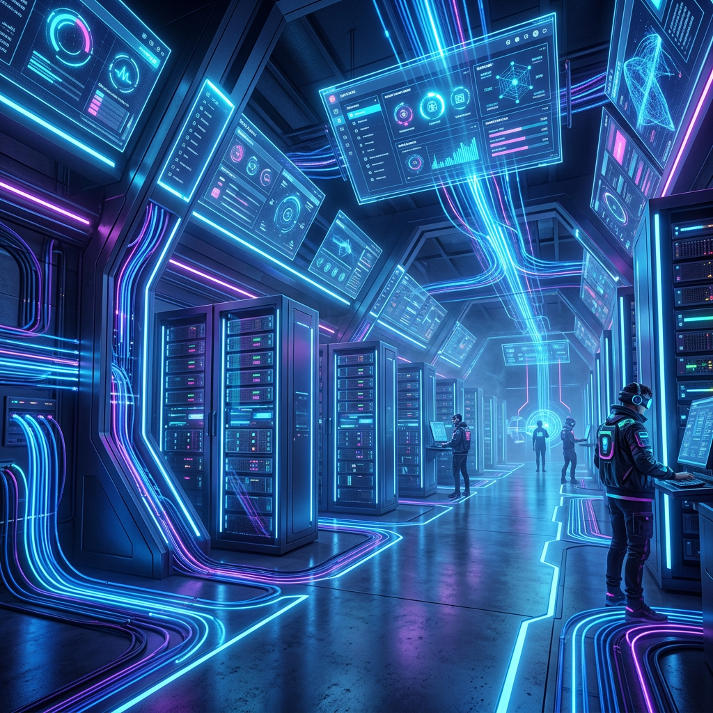 Technicians monitoring servers and dashboards in a neon-lit futuristic data center
