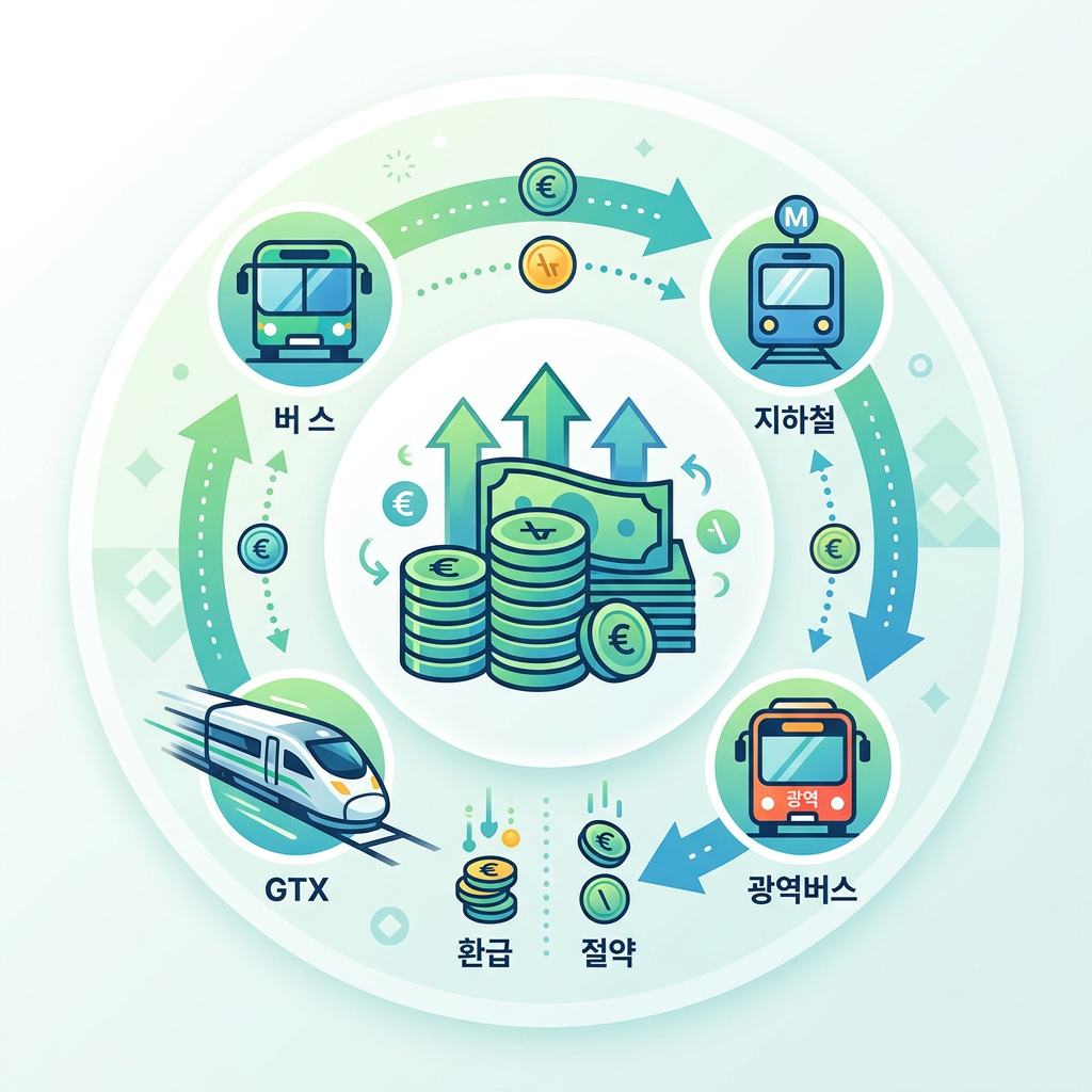 Transit infographic labeled 버스, 지하철, GTX, 환급, 절약, and 광역버스